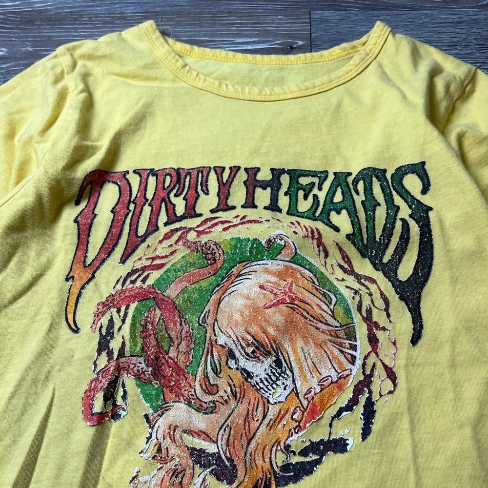 Dirty Heads T-Shirt Womens Small Yellow Graphic Band Tee Skull Octopus Reggae